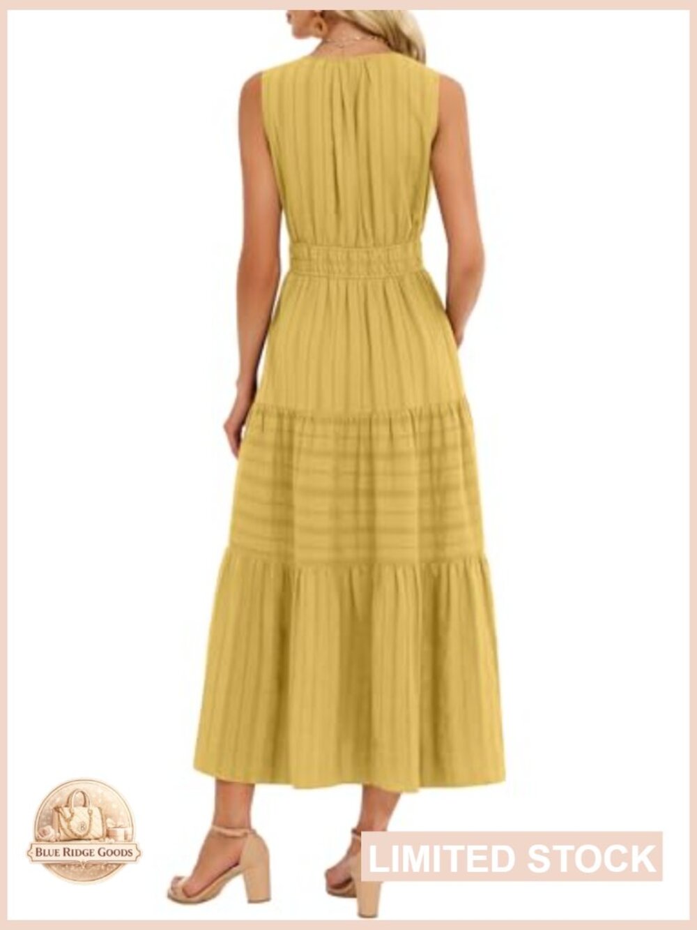 Summer Maxi Dress V Neck Sleeveless Elastic Waist Midi Dress with Pockets - Picture 4 of 7